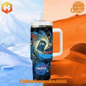 Doctor Who Tardis Tumbler 40oz in icy and desert landscapes.