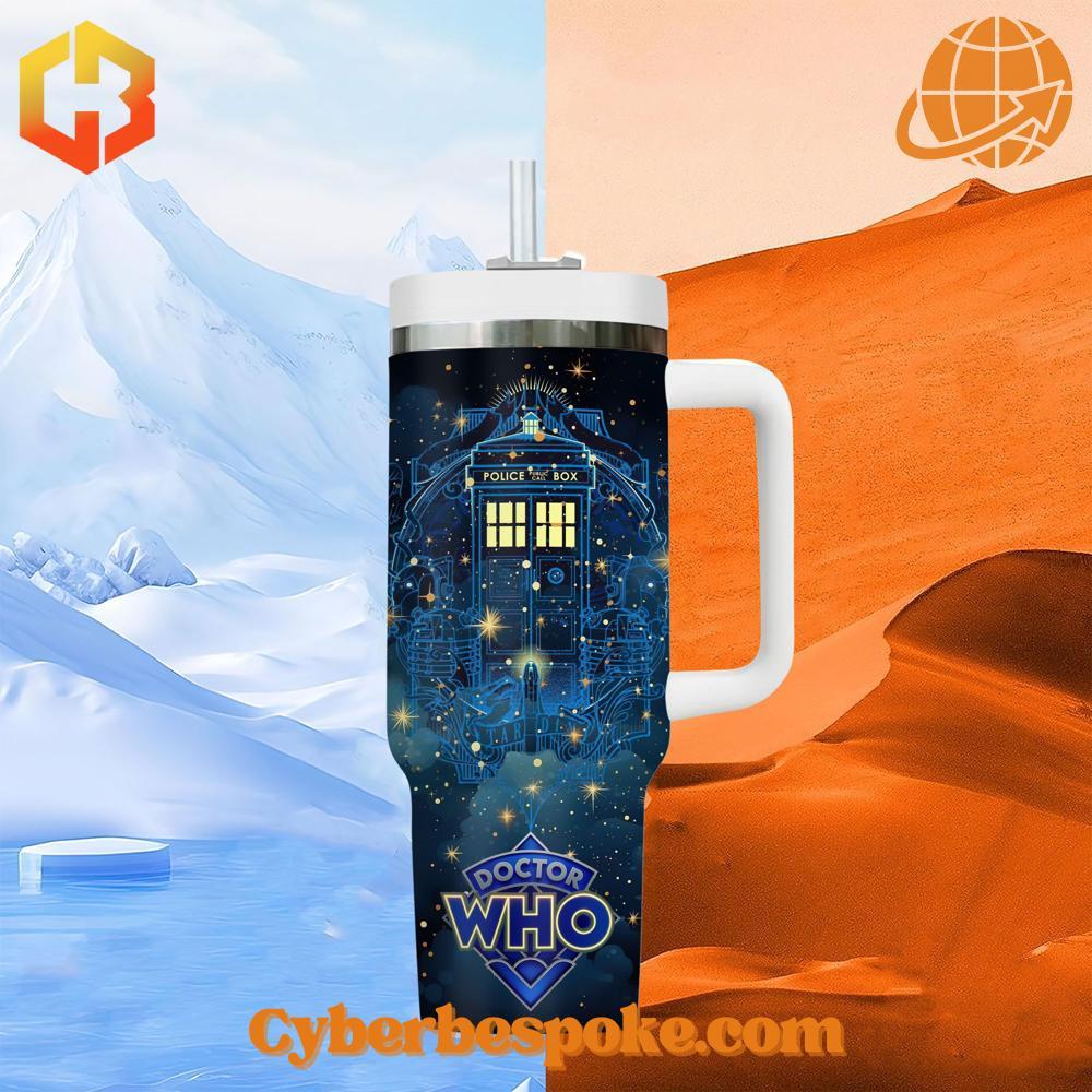 Close-up of Doctor Who Tardis Tumbler 40oz with detailed TARDIS design.