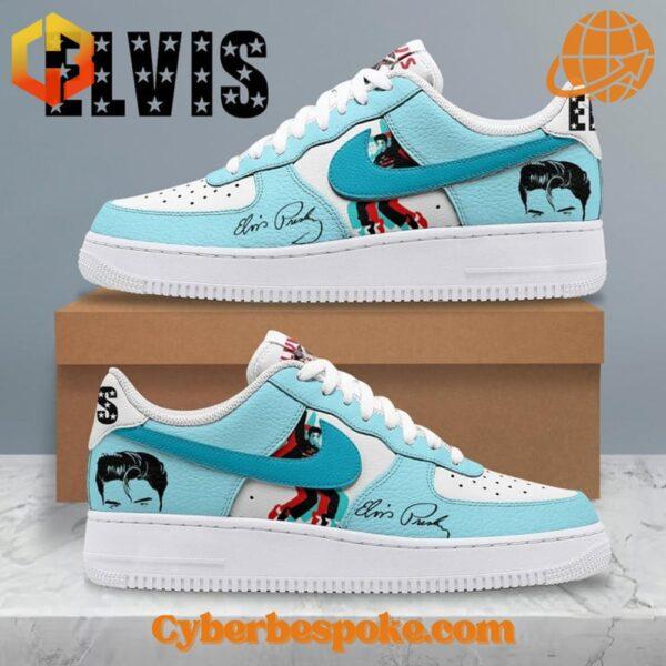 Side view of turquoise and white Nike Air Force shoes with Elvis Presley graphics and signature.