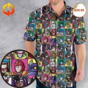 A bold Hawaiian shirt featuring "Epic Transformations" Transformers designs for 2025, showcasing Optimus Prime and other iconic characters with tropical motifs.