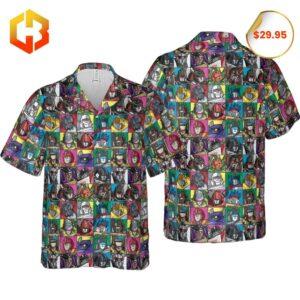 A striking Hawaiian shirt featuring "Epic Transformations" Transformers characters amidst tropical prints for a unique 2025 style.