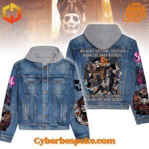 Ghost Band Hooded Denim Jacket featuring blue denim, graphic art on the back,