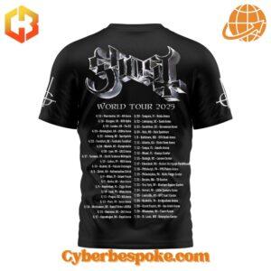 Back view of Ghost Band World Tour 2025 Shirt with tour schedule.