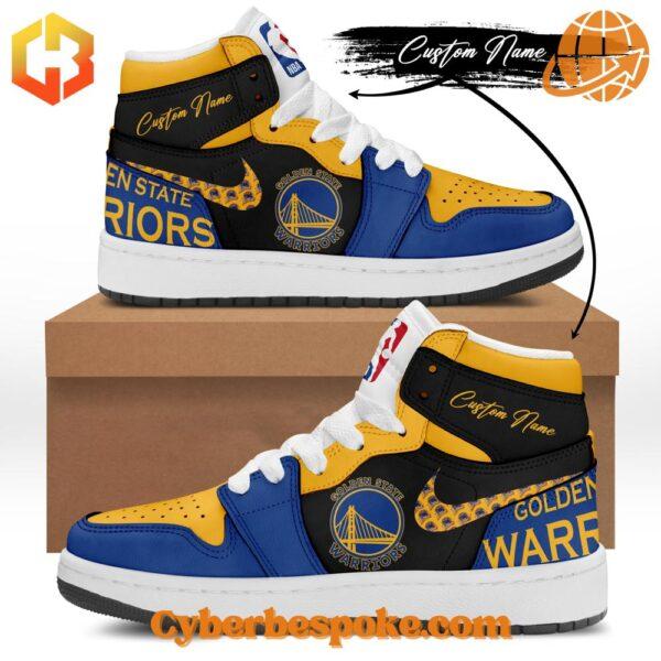 Golden State Warriors Air Jordan 1 Shoes displaying black and yellow design with team logo and customization option.