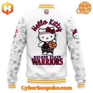 Back of Warriors Hello Kitty jacket with basketball-themed graphic