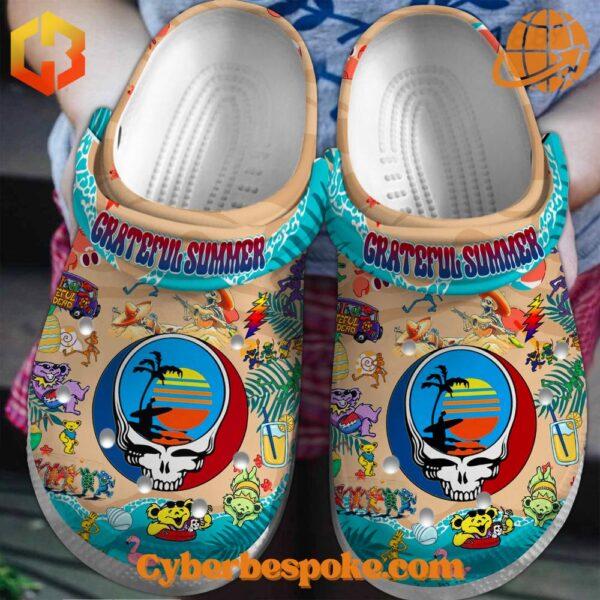 Close-up of Grateful Dead Summer Crocs Shoes with colorful and intricate design.