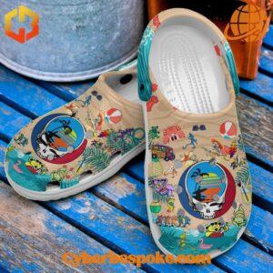 Grateful Dead Summer Crocs Shoes on a rustic wooden surface, emphasizing their casual design.