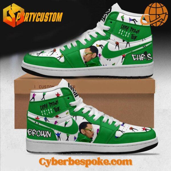 Green high-top Air Jordan 1 Chris Brown 1111 Tour shoes with bold tour-inspired graphics and premium design