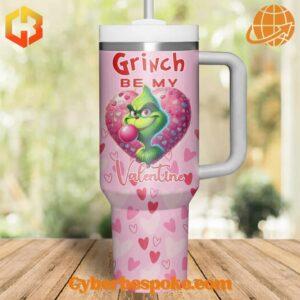 Pink Grinch Be My Valentine tumbler with heart design