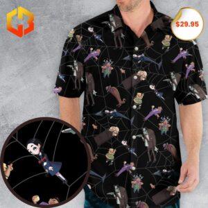 A vibrant Hawaiian shirt featuring cartoon versions of the Addams Family characters with '2025' branding