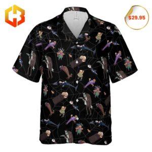 Hawaiian shirt showcasing colorful, groovy designs of Addams Family characters in a playful tropical theme