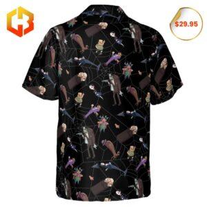 Cartoon-themed Hawaiian shirt with a whimsical Addams Family twist and tropical accents