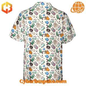 Happy Gilmore-themed Hawaiian shirt with golf-related imagery and lively patterns.