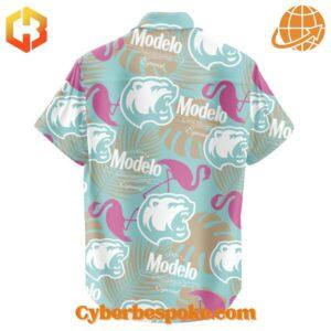 Back view of Hershey Bears Corona Modelo Hawaiian Shirt with flamingo and leaf design.