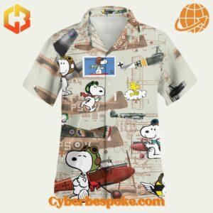 Hawaiian shirt featuring Snoopy in a pilot theme with bold vintage patterns