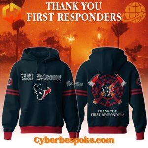 Unique 3D-designed Houston Texans La Strong Firefighters Thank You First Responders Hoodie, blending artistic visuals with everyday wear.