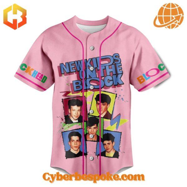 Close-up of the front design on the New Kids on the Block Baseball Jersey, showing band member portraits and bold lettering.