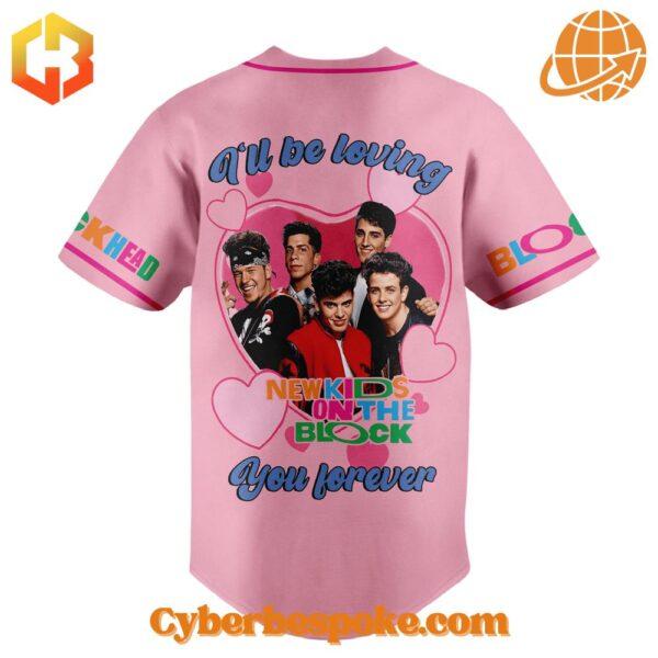 Back view of the 'I'll Be Loving You Forever' New Kids on the Block Baseball Jersey, featuring a group image and heart graphics.