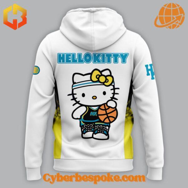 Back view of the Indiana Pacers Hello Kitty Hoodie showcasing Hello Kitty with a basketball.