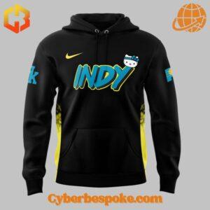 Front view of the Indiana Pacers Hello Kitty Hoodie in black showcasing 'INDY' and Hello Kitty.