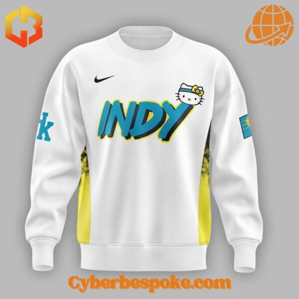 Front view of Indiana Pacers x Hello Kitty Sweatshirt in white with 'INDY' graphic and Hello Kitty logo.