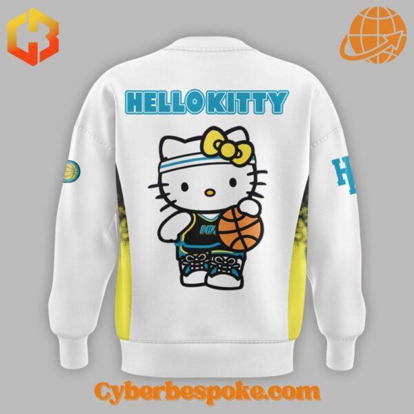 Back view of Indiana Pacers x Hello Kitty Sweatshirt in white featuring Hello Kitty holding a basketball.