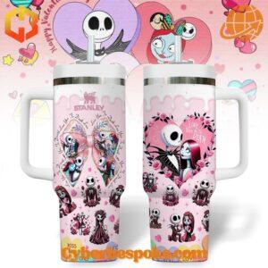 Front view of the Jack Skellington Sally "Love You to Death" Valentine Tumbler showcasing colorful designs and a pink background.