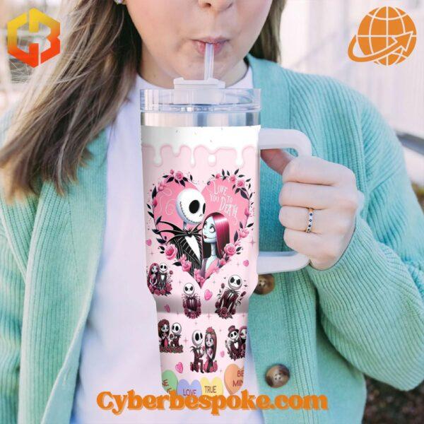 Romantic Jack and Sally tumbler with hearts, roses, and a whimsical design for Valentine's Day.