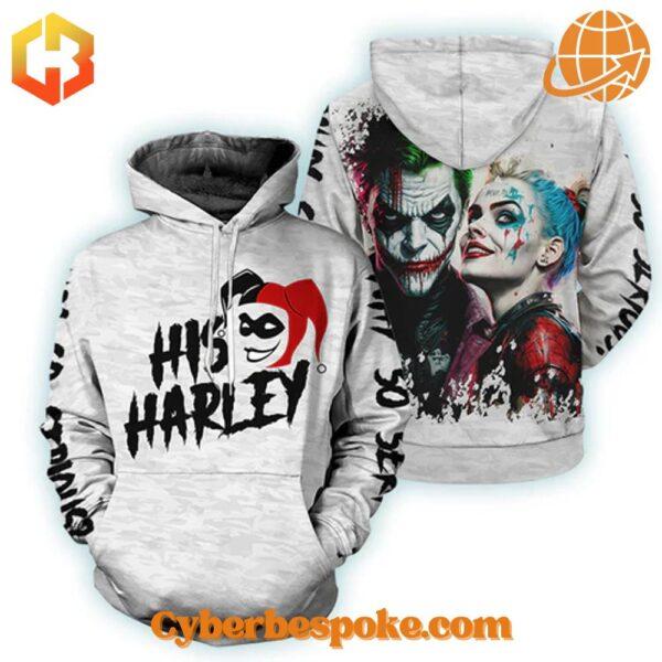 Joker and Harley Quinn hoodie with romantic 'His Harley' motif in vibrant colors