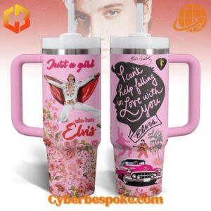 Pink Elvis Presley themed tumblers with floral designs and quotes.