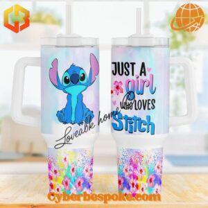 A colorful tumbler with Stitch surrounded by hearts, perfect for Valentine's Day and fans of the adorable alien