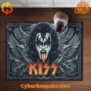 Cat exploring Kiss Band Gene Simmons Limited Doormat on wooden floor