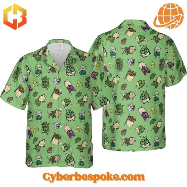 Bright floral-patterned Korok Style The Legend Of Zelda Version Hawaiian Shirt with short sleeves and a button-up front