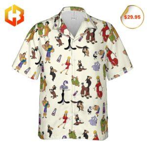 Hawaiian shirt showcasing Kuzco, Pacha, and other characters from The Emperor's New Groove with colorful tropical patterns