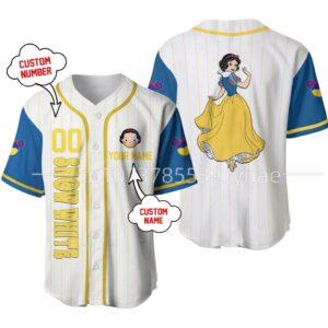 Limited edition Snow White baseball jersey featuring a whimsical design inspired by the classic fairy tale.