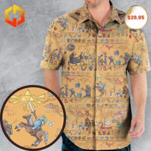 A vibrant Hawaiian shirt featuring "Link's Journey Tapestry" design from The Legend of Zelda, with iconic 2025 artwork and tropical motifs.