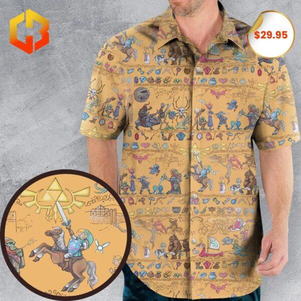 A vibrant Hawaiian shirt featuring "Link's Journey Tapestry" design from The Legend of Zelda, with iconic 2025 artwork and tropical motifs.