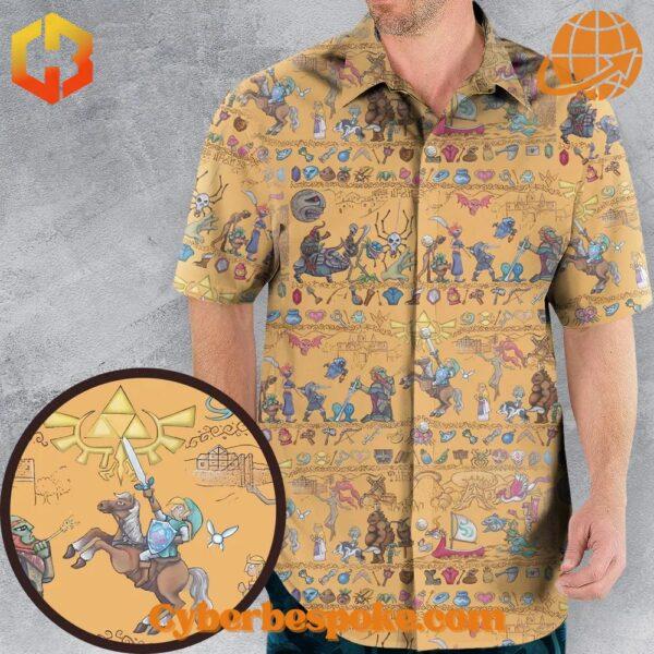 Bright floral-patterned Link's Journey Tapestry The Legend Of Zelda Version Hawaiian Shirt with short sleeves and a button-up front