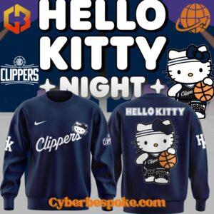 Los Angeles Clippers Hello Kitty Night promotional image featuring navy blue sweatshirt