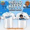 Los Angeles Dodgers baseball jersey featuring Bruno Mars and Hello Kitty, blending pop culture and team pride.