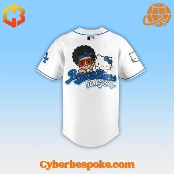 Unique Los Angeles Dodgers baseball jersey showcasing Bruno Mars, Hello Kitty, and iconic team logos.