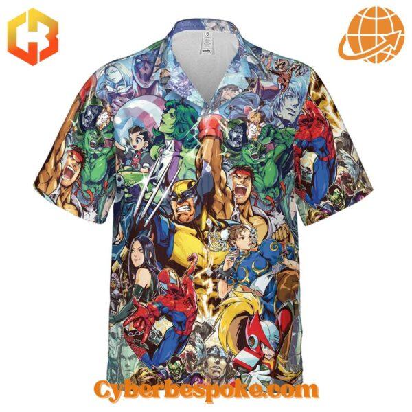 Bright floral-patterned Marvel Vs Capcom Games Version Hawaiian Shirt with short sleeves and a button-up front