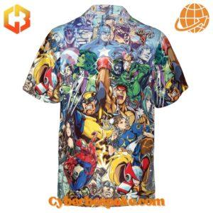 Bright floral-patterned Marvel Vs Capcom Games Version Hawaiian Shirt with short sleeves and a button-up front