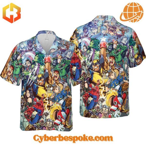 Bright floral-patterned Marvel Vs Capcom Games Version Hawaiian Shirt with short sleeves and a button-up front