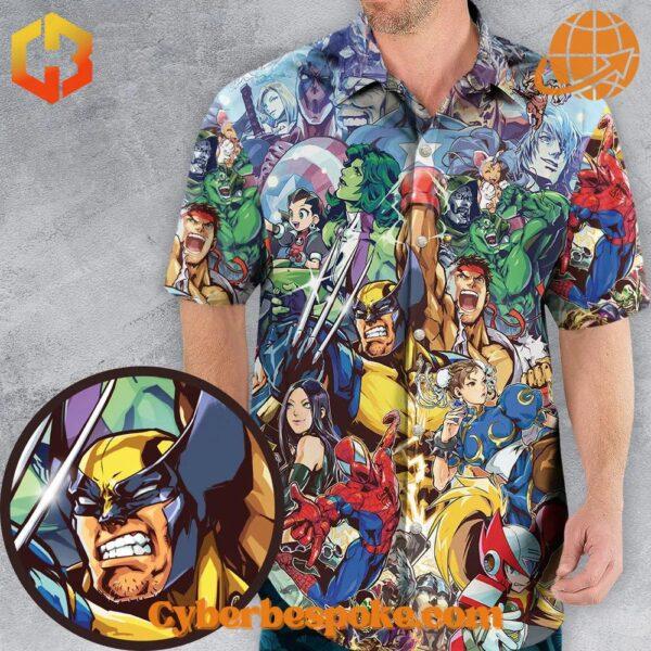 Bright floral-patterned Marvel Vs Capcom Games Version Hawaiian Shirt with short sleeves and a button-up front