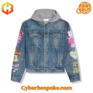 Front view of Melanie Martinez denim jacket with gray hood