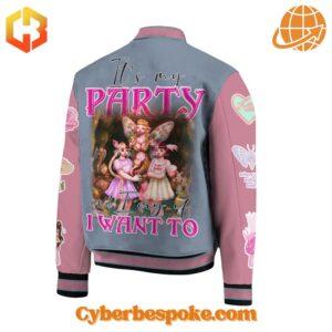 Back view of a baseball jacket with detailed fairy illustrations and bold text, inspired by Melanie Martinez.