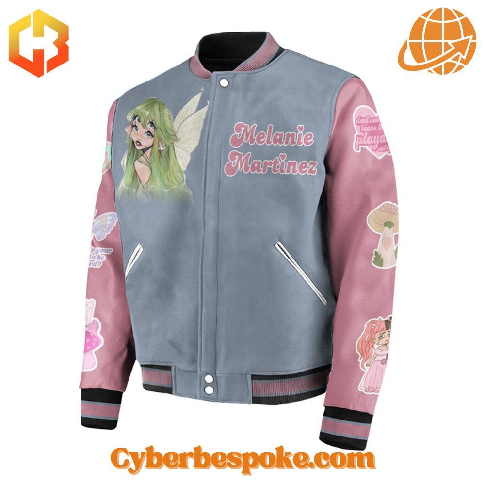 Front view of a pastel baseball jacket with Melanie Martinez-inspired designs, including fairy art and bold text accents.