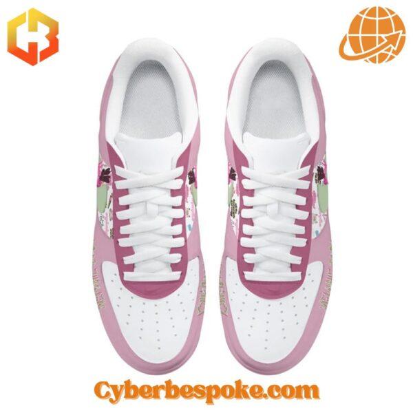 Top view of Melanie Martinez Pink Nike Air Force 1 Shoes showcasing white laces and intricate pastel pink and white design.