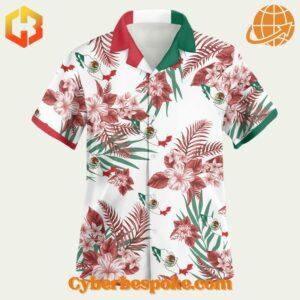 Hawaiian shirt featuring the Mexican flag and colorful tropical patterns